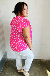 Hot Pink Floral Mock Neck Double Flutter Sleeve Top | Daverri Fashions