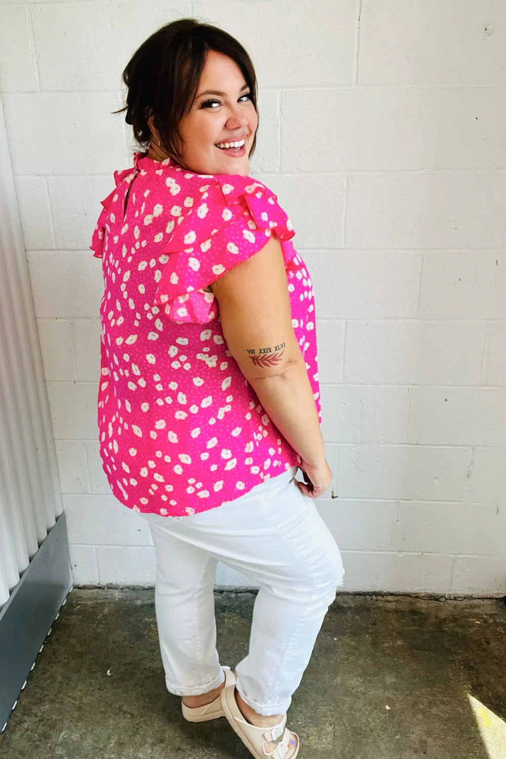 Hot Pink Floral Mock Neck Double Flutter Sleeve Top | Daverri Fashions