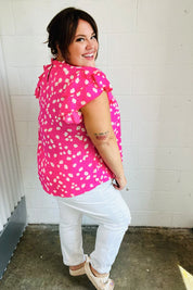 Hot Pink Floral Mock Neck Double Flutter Sleeve Top | Daverri Fashions