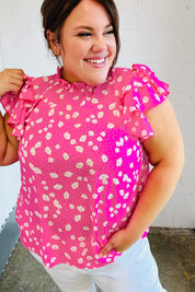 Hot Pink Floral Mock Neck Double Flutter Sleeve Top | Daverri Fashions