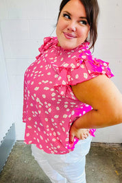 Hot Pink Floral Mock Neck Double Flutter Sleeve Top | Daverri Fashions