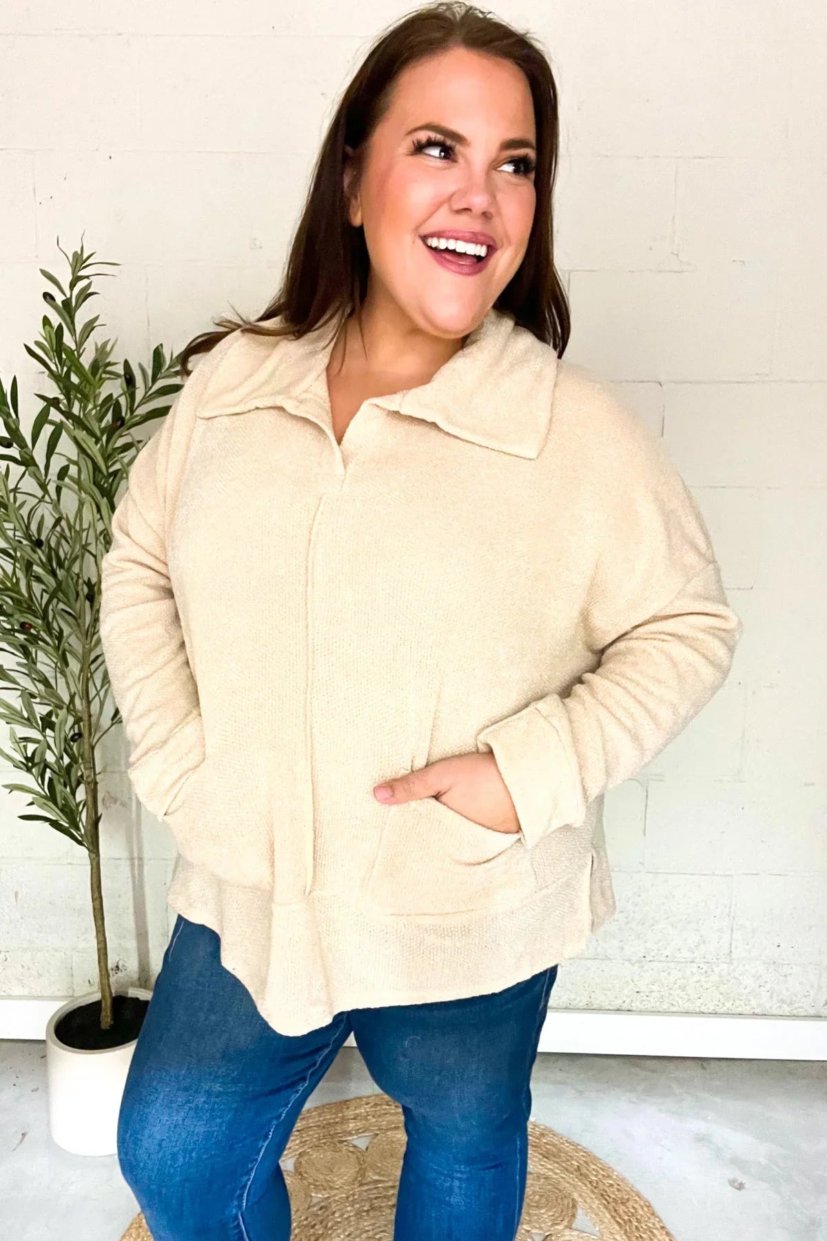 Easy Living Oatmeal Textured Knit Notch Neck Oversized Collar Sweater | 2024 Blow-Out Sale Daverri Fashions