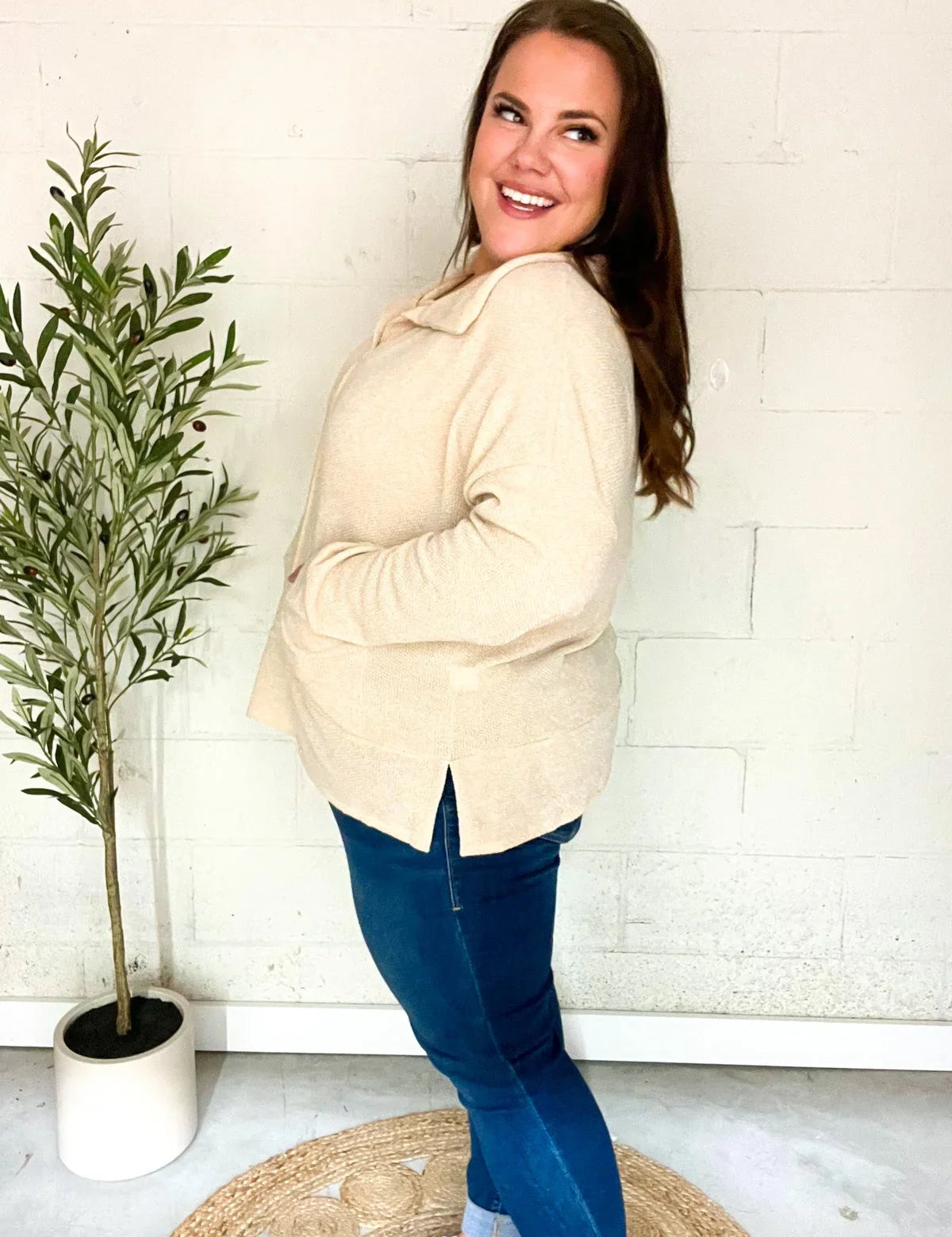 Easy Living Oatmeal Textured Knit Notch Neck Oversized Collar Sweater | 2024 Blow-Out Sale Daverri Fashions