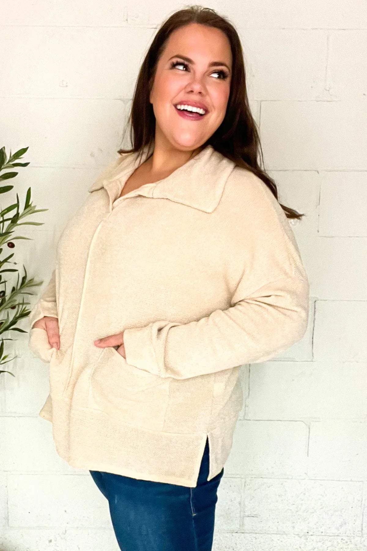 Easy Living Oatmeal Textured Knit Notch Neck Oversized Collar Sweater | 2024 Blow-Out Sale Daverri Fashions