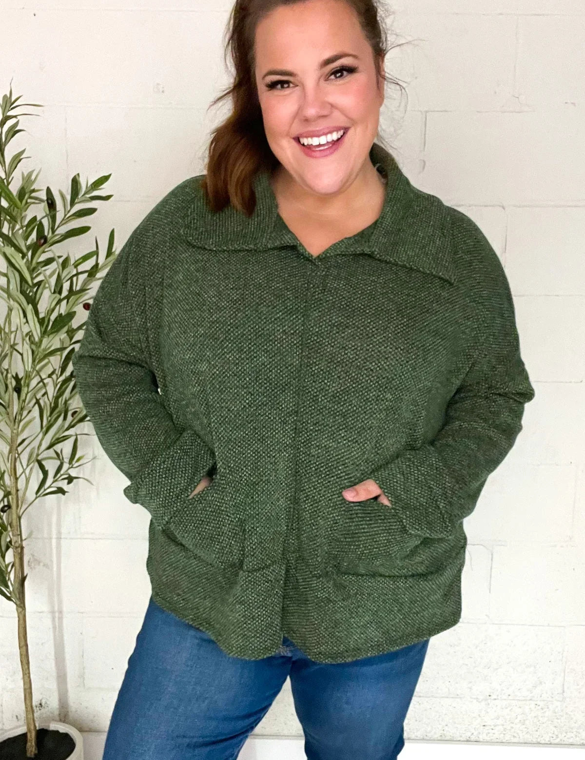 Easy Living Olive Textured Knit Notch Neck Oversized Collar Sweater | Daverri Fashions