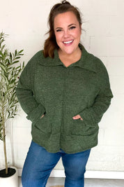 Easy Living Olive Textured Knit Notch Neck Oversized Collar Sweater | Daverri Fashions