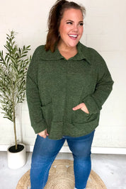 Easy Living Olive Textured Knit Notch Neck Oversized Collar Sweater | Daverri Fashions