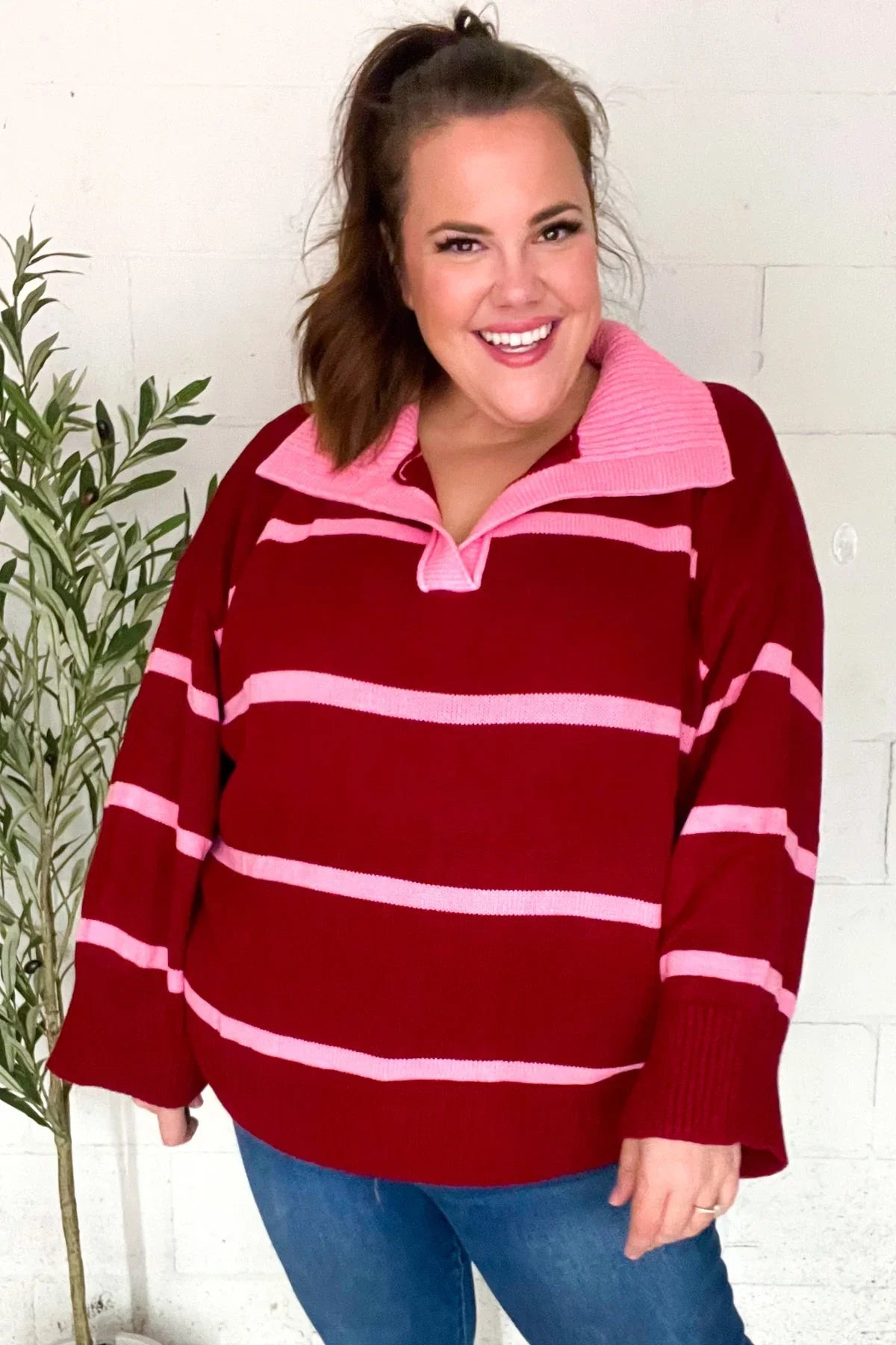 Fall For You Crimson Stripe Notched Neck Collared Oversized Sweater | 2024 Blow-Out Sale Daverri Fashions