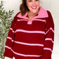 Fall For You Crimson Stripe Notched Neck Collared Oversized Sweater - DAVERRI FASHIONS