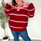 Fall For You Crimson Stripe Notched Neck Collared Oversized Sweater - DAVERRI FASHIONS