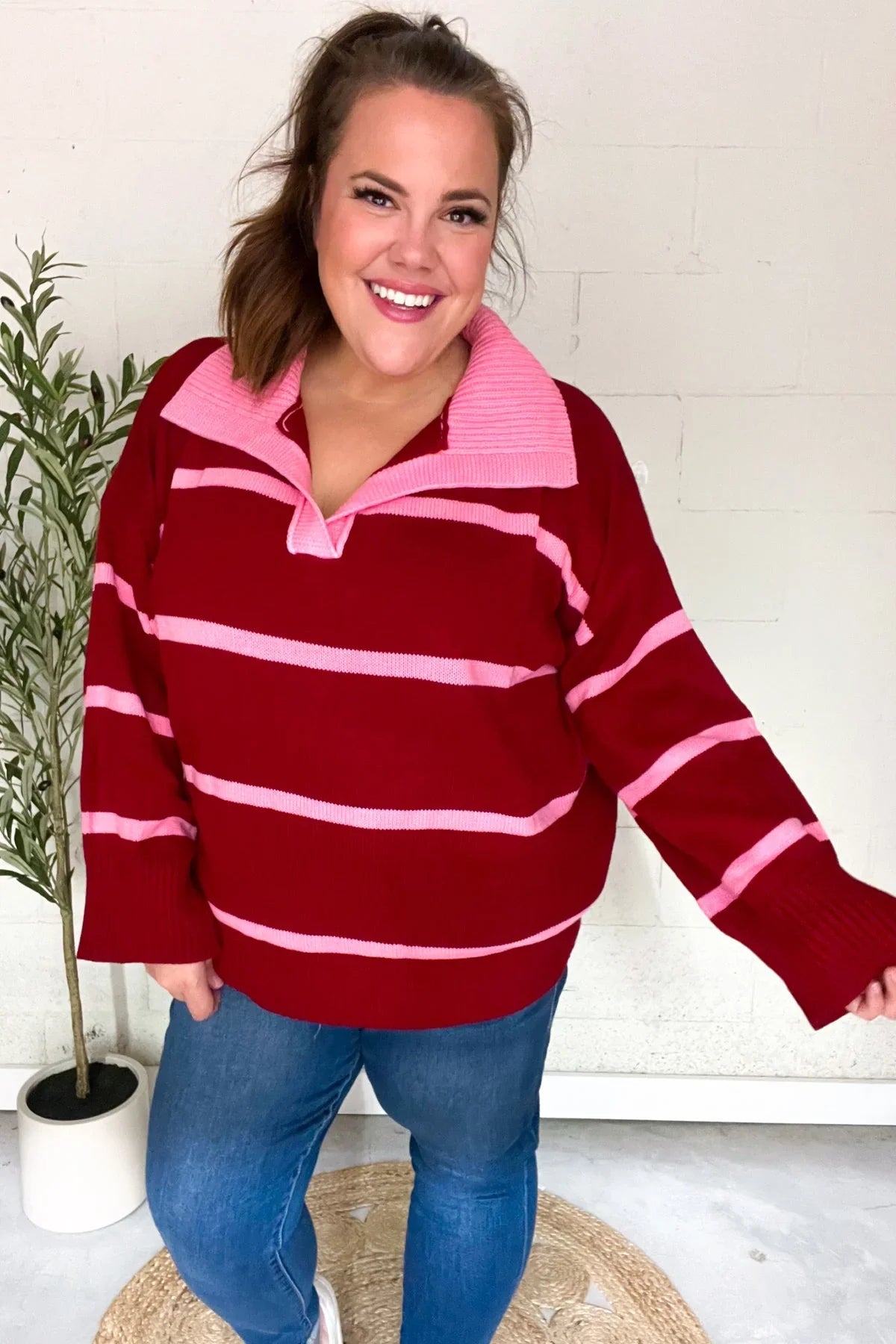 Fall For You Crimson Stripe Notched Neck Collared Oversized Sweater | 2024 Blow-Out Sale Daverri Fashions