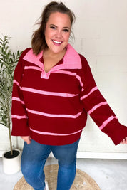 Fall For You Crimson Stripe Notched Neck Collared Oversized Sweater | 2024 Blow-Out Sale Daverri Fashions