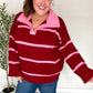 Fall For You Crimson Stripe Notched Neck Collared Oversized Sweater - DAVERRI FASHIONS