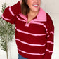 Fall For You Crimson Stripe Notched Neck Collared Oversized Sweater - DAVERRI FASHIONS