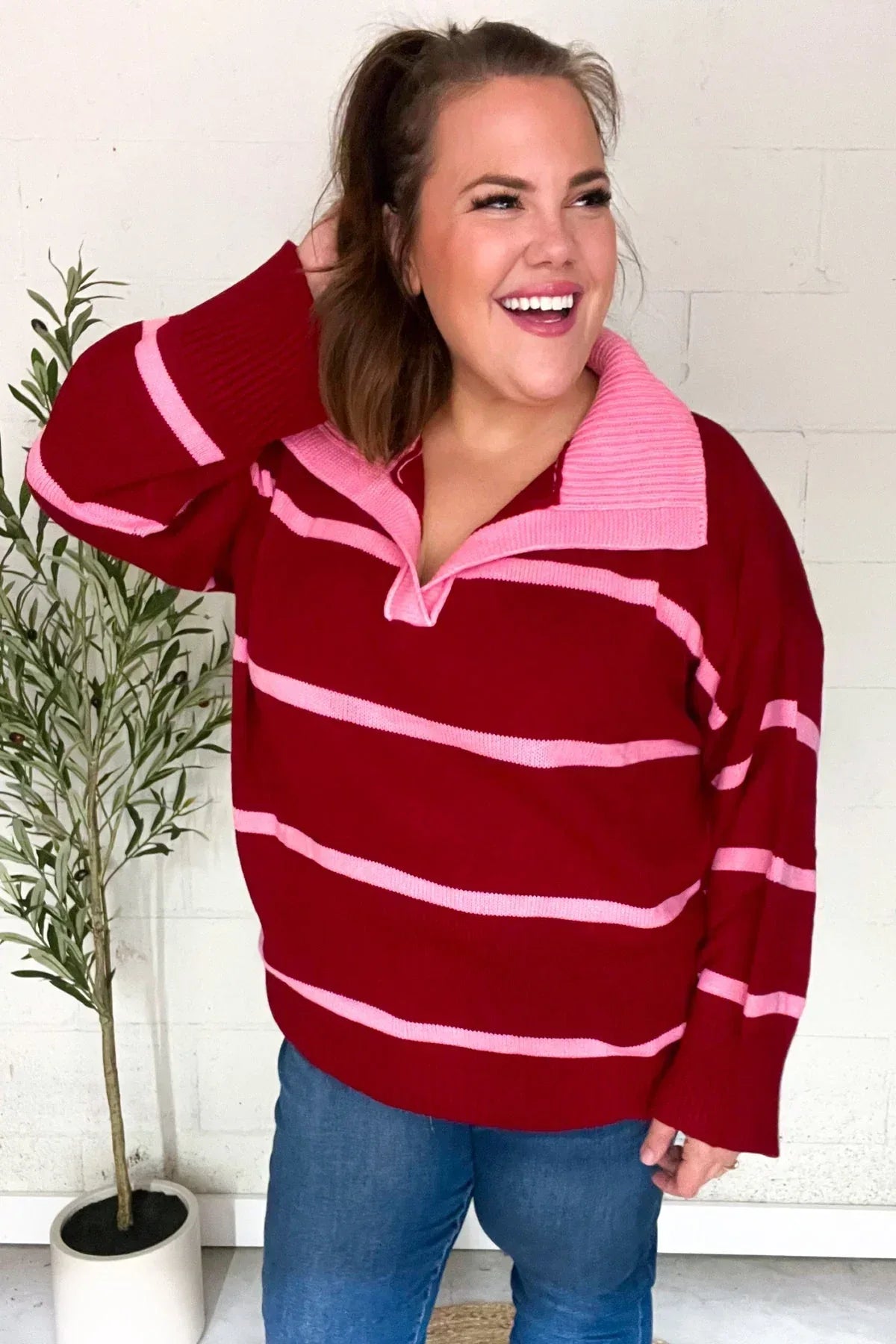 Fall For You Crimson Stripe Notched Neck Collared Oversized Sweater - DAVERRI FASHIONS