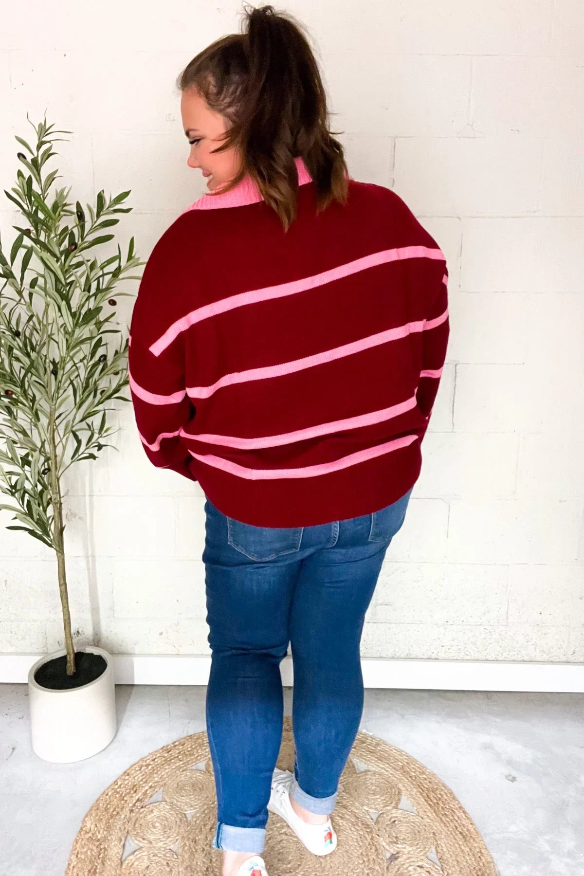 Fall For You Crimson Stripe Notched Neck Collared Oversized Sweater | 2024 Blow-Out Sale Daverri Fashions