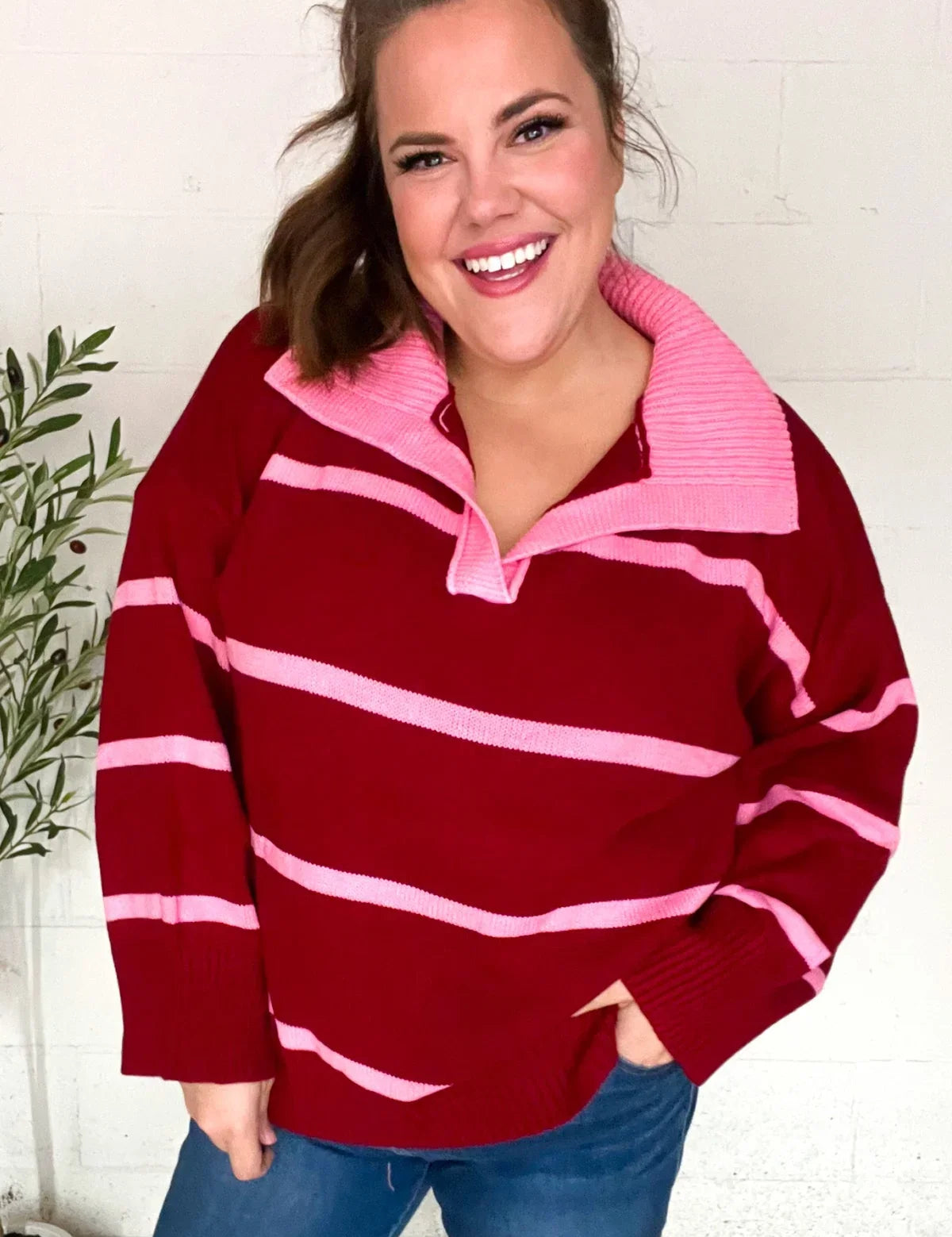 Fall For You Crimson Stripe Notched Neck Collared Oversized Sweater | 2024 Blow-Out Sale Daverri Fashions