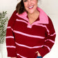 Fall For You Crimson Stripe Notched Neck Collared Oversized Sweater - DAVERRI FASHIONS
