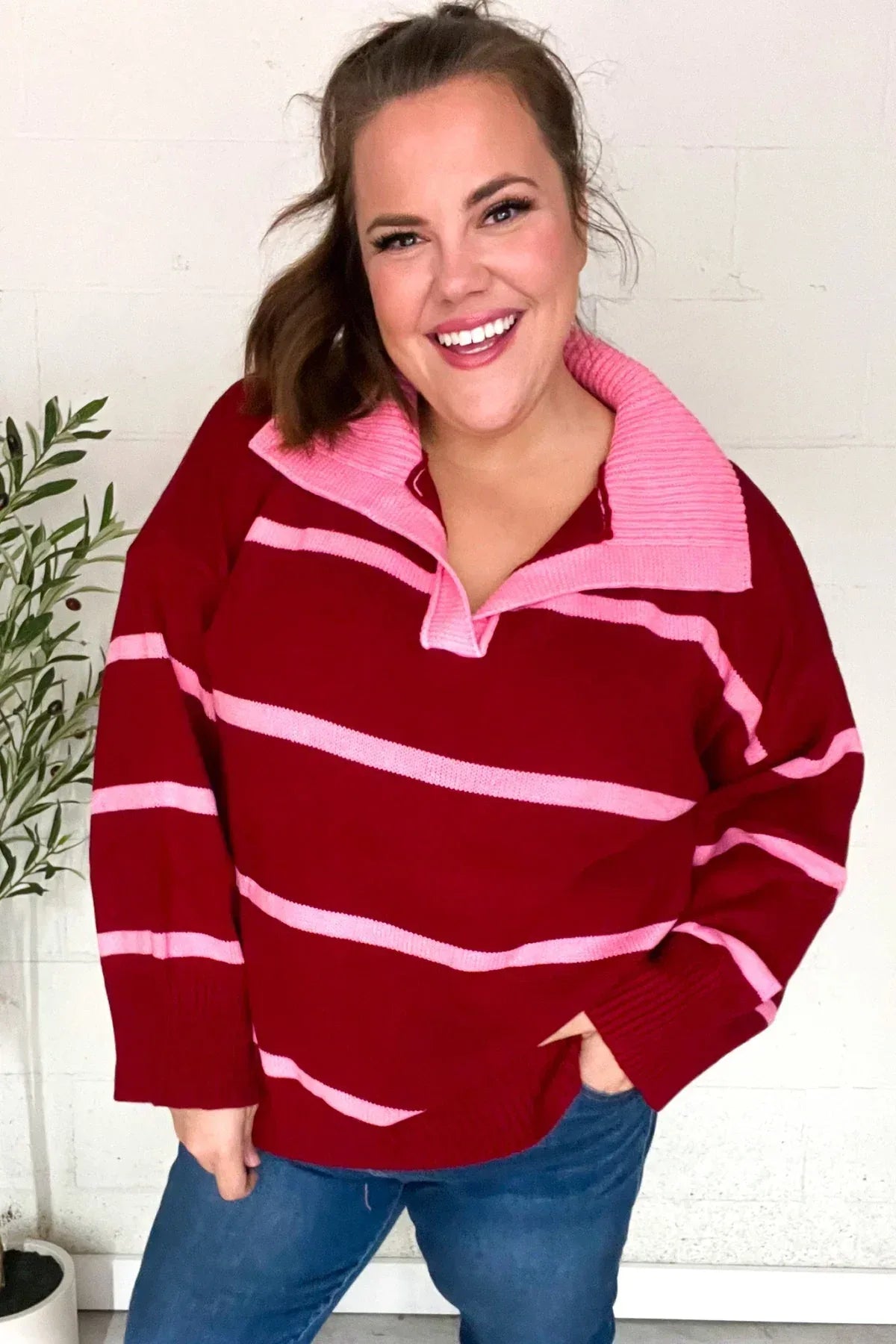 Fall For You Crimson Stripe Notched Neck Collared Oversized Sweater - DAVERRI FASHIONS
