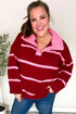 Fall For You Crimson Stripe Notched Neck Collared Oversized Sweater - DAVERRI FASHIONS