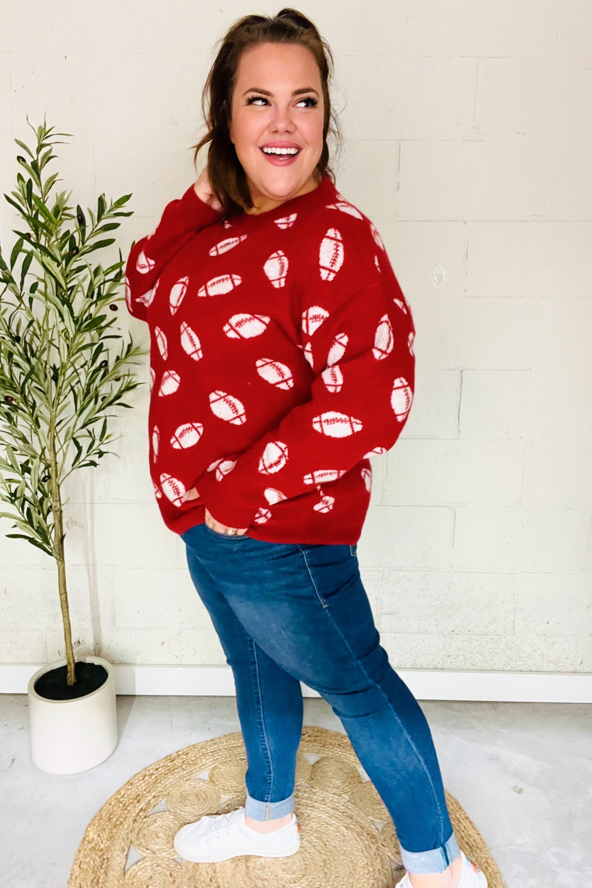 Red Haptics game day football print jacquard knit sweater