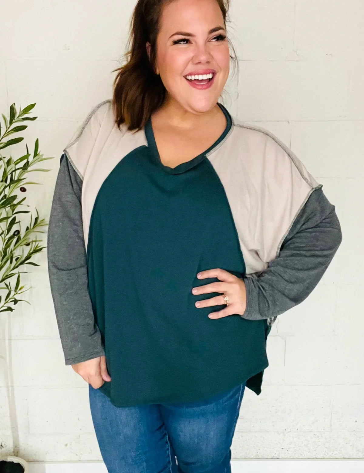 Stand Out Hunter Green V Neck Raglan Color Block Outseam Top | Daverri Fashions
