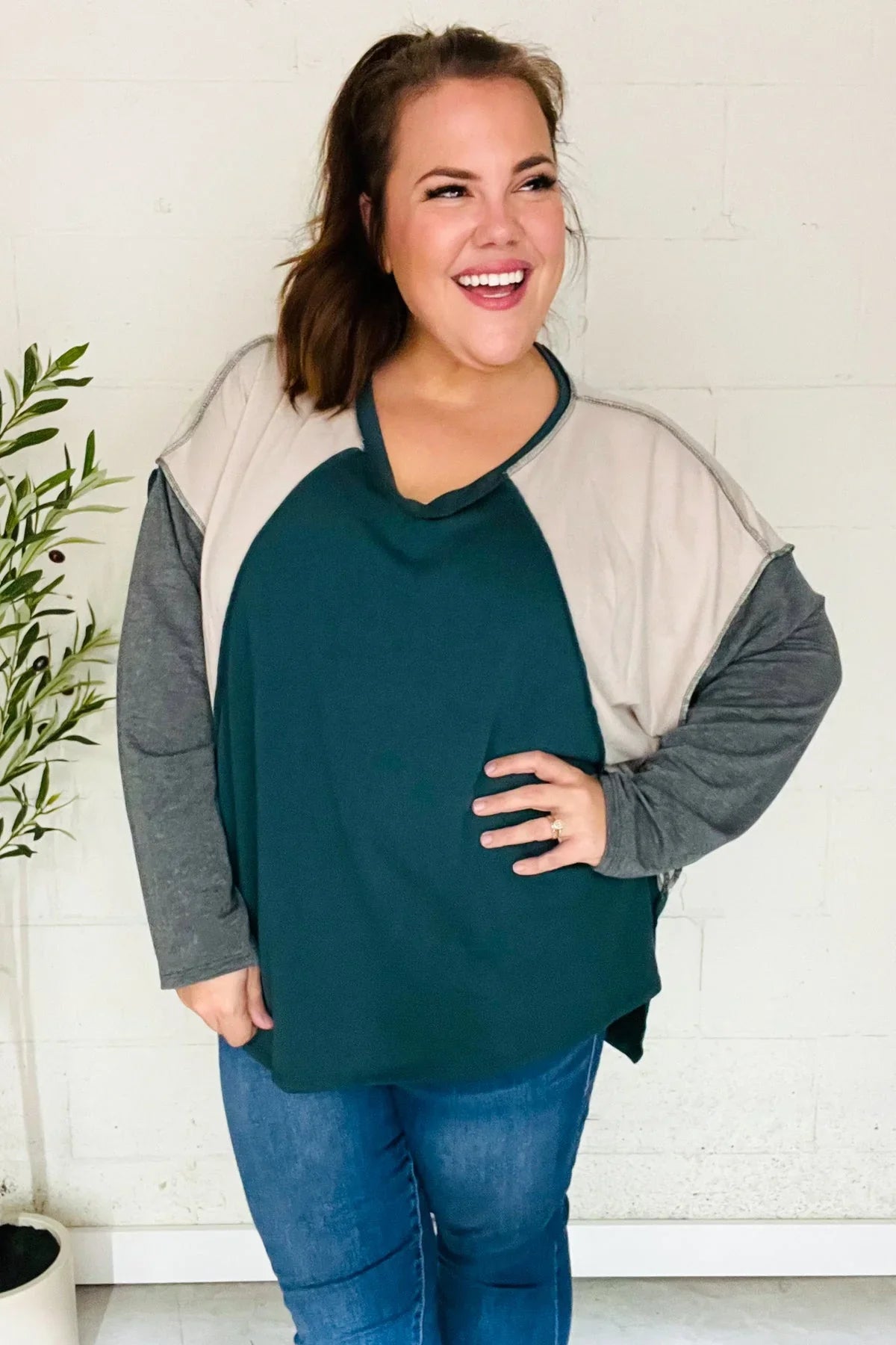 Stand Out Hunter Green V Neck Raglan Color Block Outseam Top | Daverri Fashions