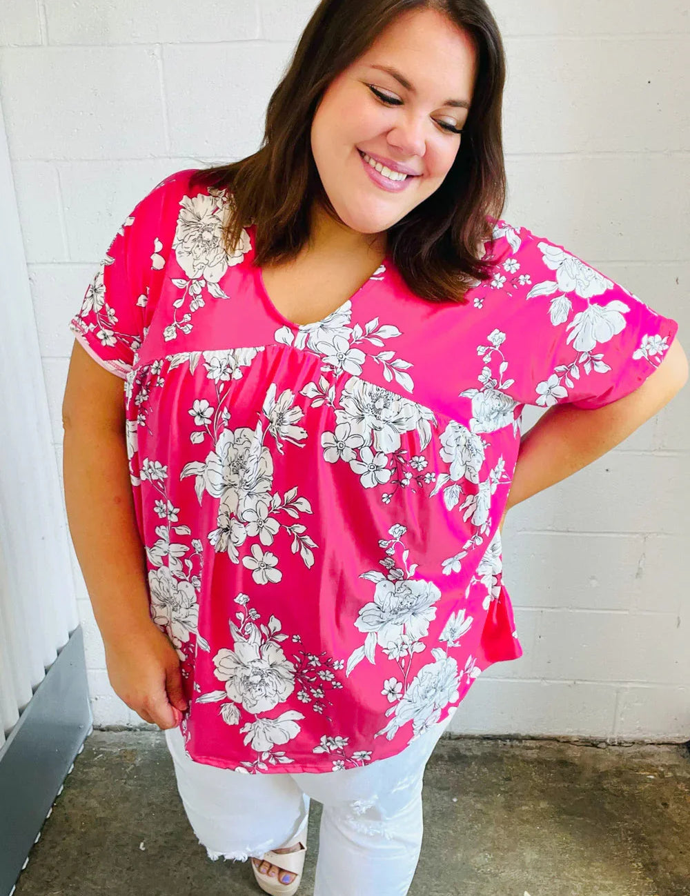 Fuchsia Floral V Neck Dolman Top | Daverri Fashions