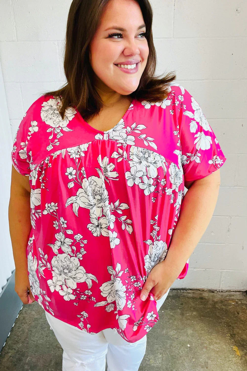 Fuchsia Floral V Neck Dolman Top | Daverri Fashions