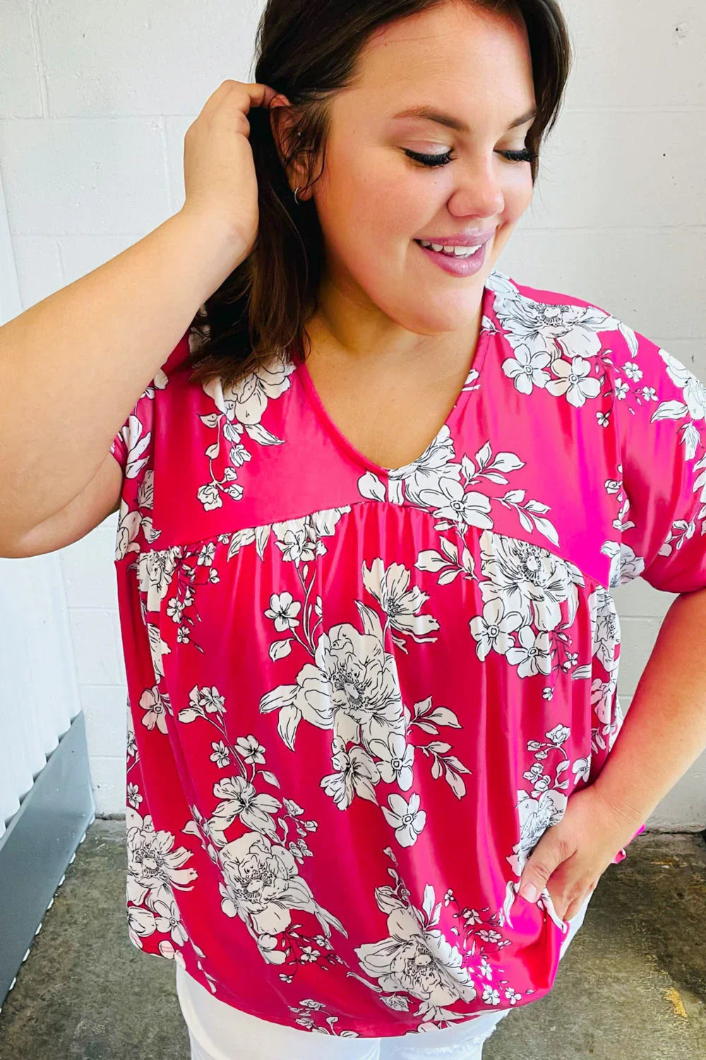 Fuchsia Floral V Neck Dolman Top | Daverri Fashions
