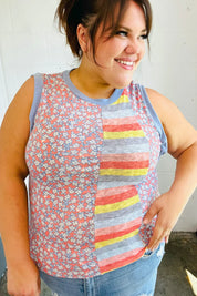 Coral & Denim Stripe Floral Print Tank Top | Daverri Fashions