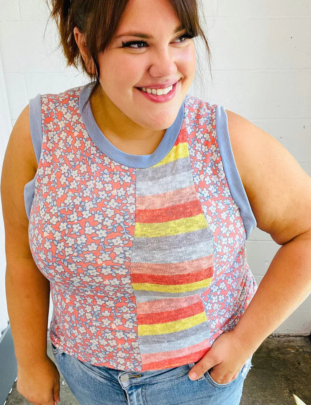 Coral & Denim Stripe Floral Print Tank Top | Daverri Fashions
