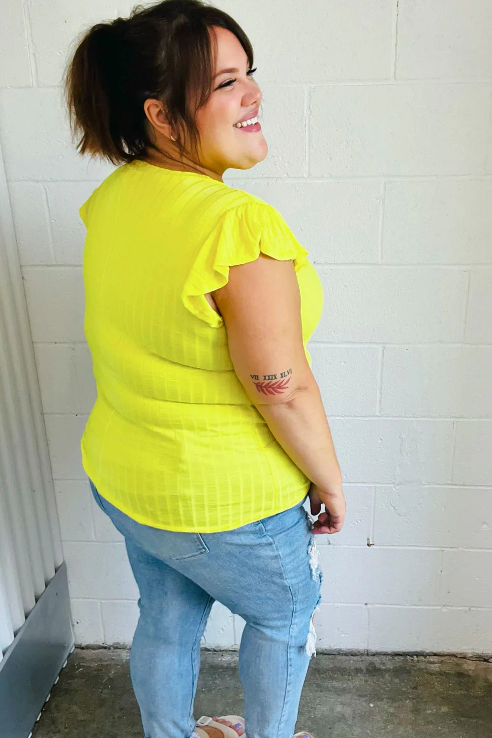 Yellow Wide Rib Frilled Short Sleeve Yoke Top | Daverri Fashions