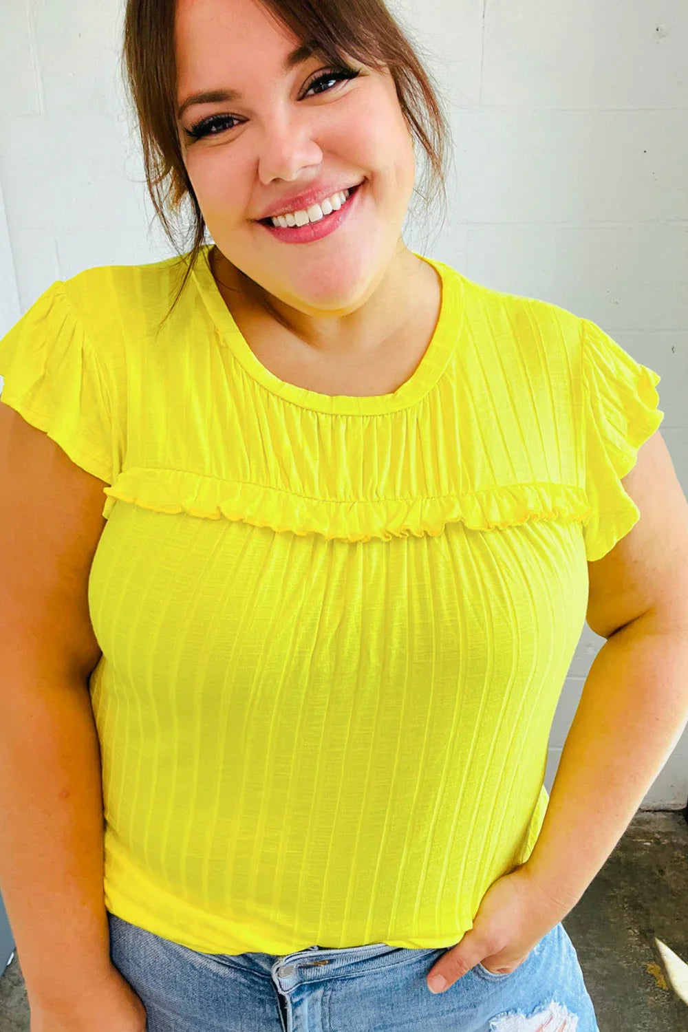 Yellow Wide Rib Frilled Short Sleeve Yoke Top | Daverri Fashions