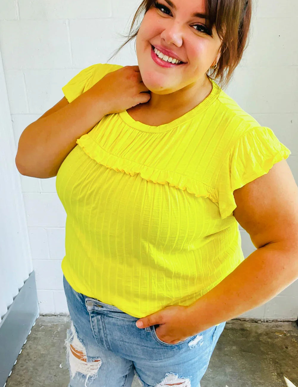 Yellow Wide Rib Frilled Short Sleeve Yoke Top | Daverri Fashions