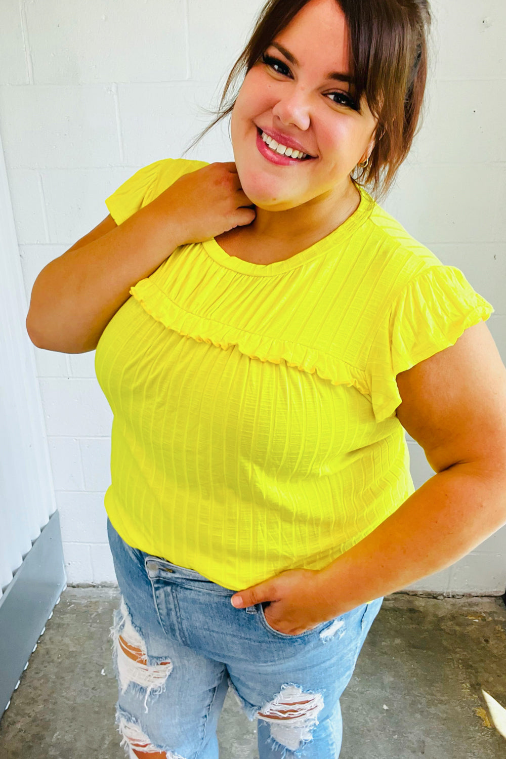 Bright yellow wide rib frilled short sleeve yoke top