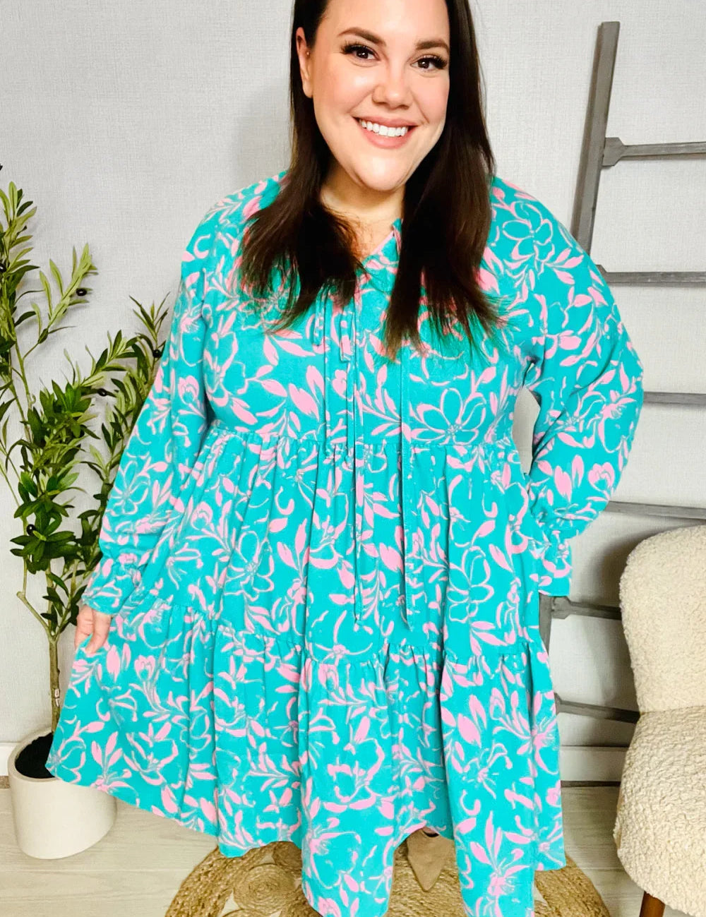 Boho Romance Mint Floral Print Front Ribbon Bow Tiered Dress | Daverri Fashions