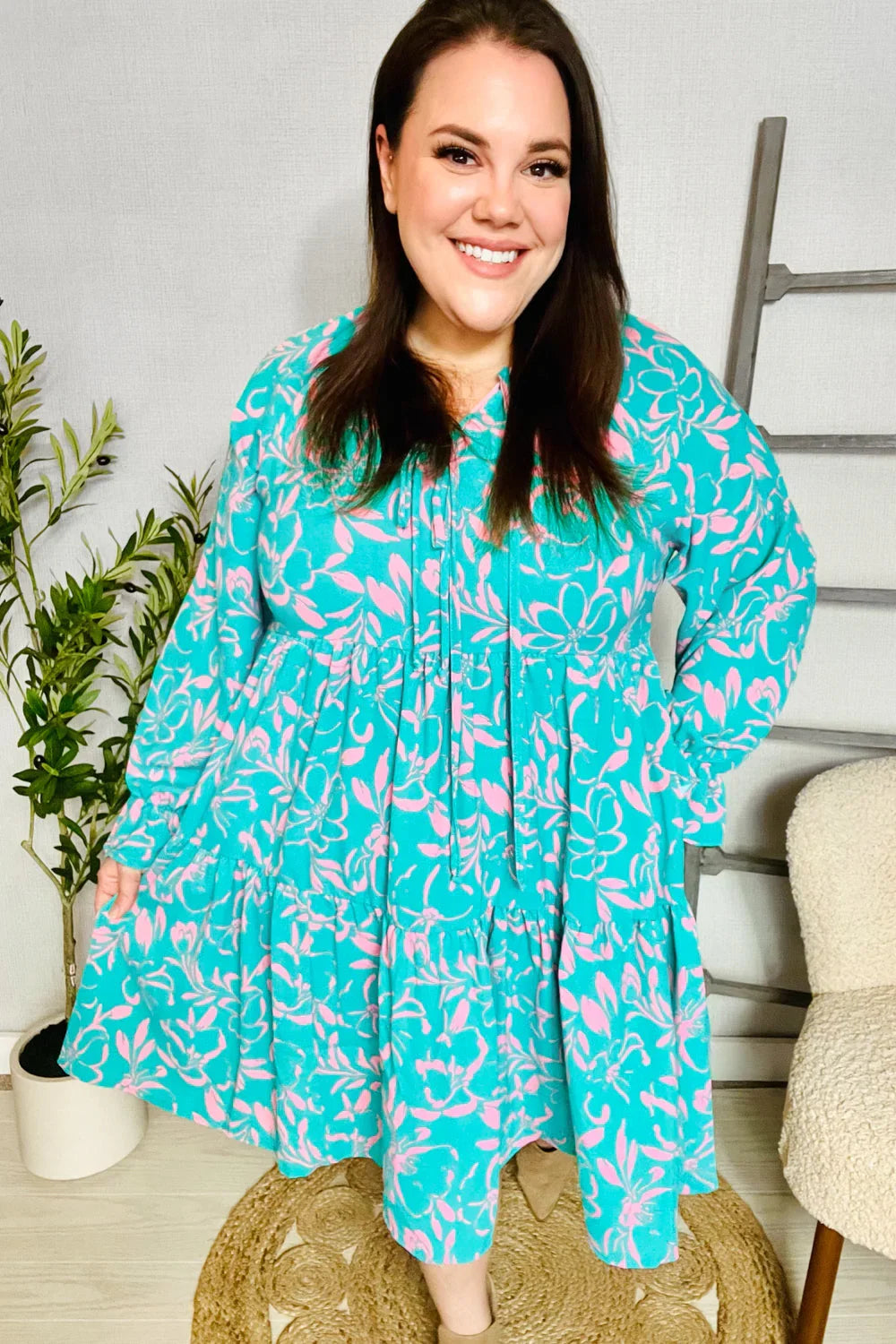 Boho Romance Mint Floral Print Front Ribbon Bow Tiered Dress | Daverri Fashions