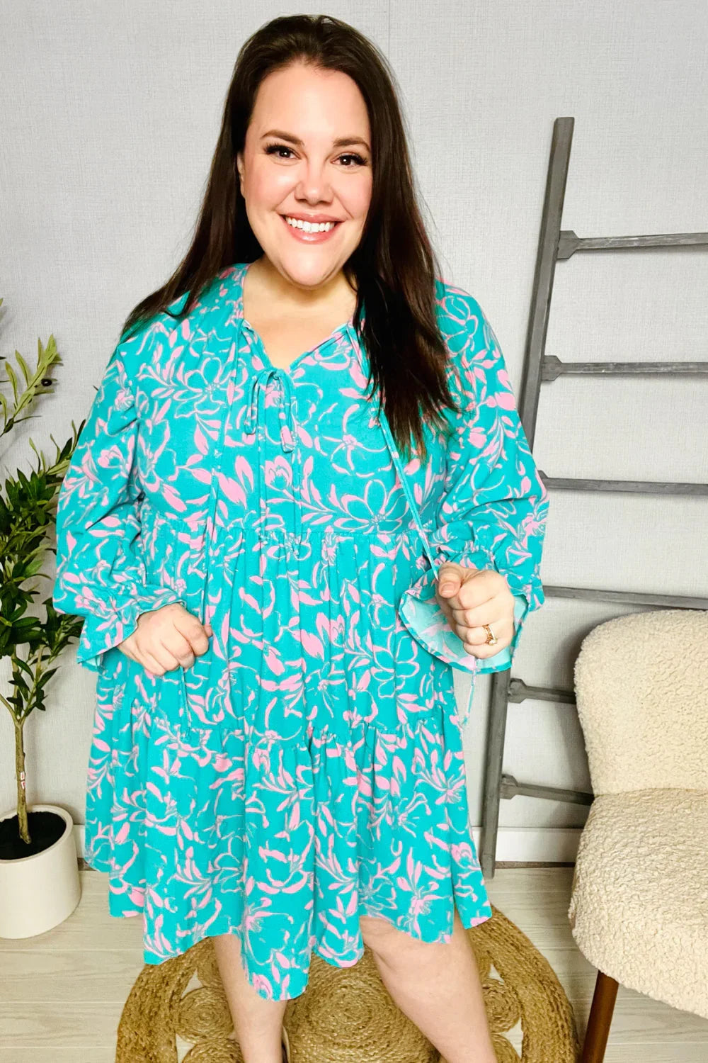 Boho Romance Mint Floral Print Front Ribbon Bow Tiered Dress | Daverri Fashions