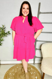 Star Struck Fuchsia Notched Neck Balloon Sleeve Sash Belt Mini Dress | Daverri Fashions