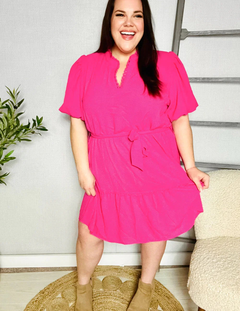 Star Struck Fuchsia Notched Neck Balloon Sleeve Sash Belt Mini Dress | Daverri Fashions