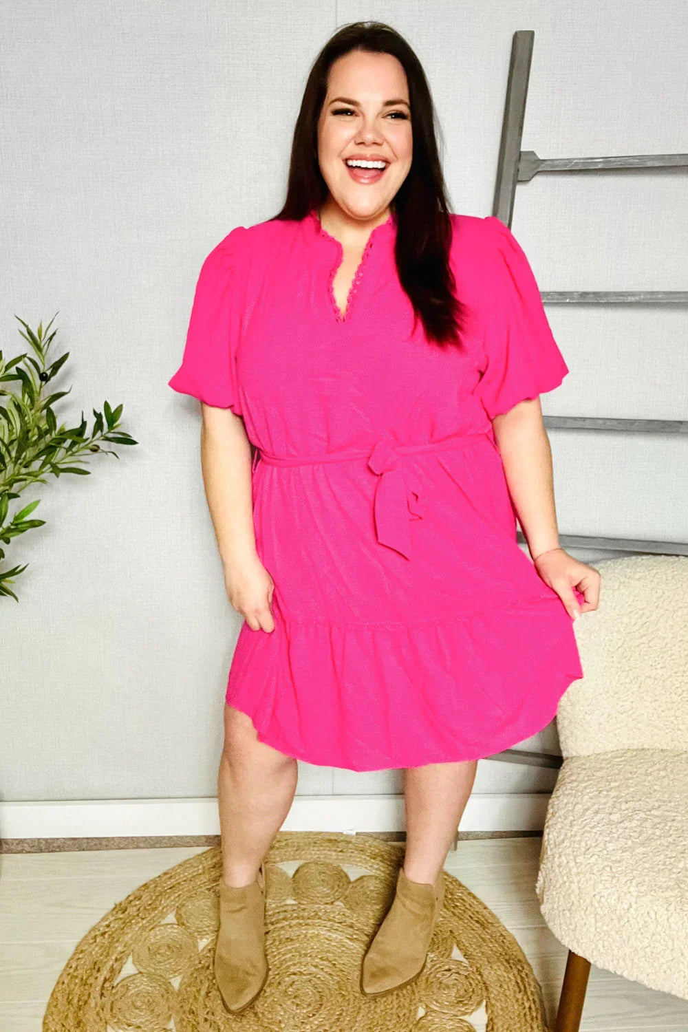 Star Struck Fuchsia Notched Neck Balloon Sleeve Sash Belt Mini Dress | Daverri Fashions