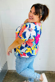 Navy & Yellow Tropical Floral V Neck Top | 07-01-25 Summer Sale Daverri Fashions