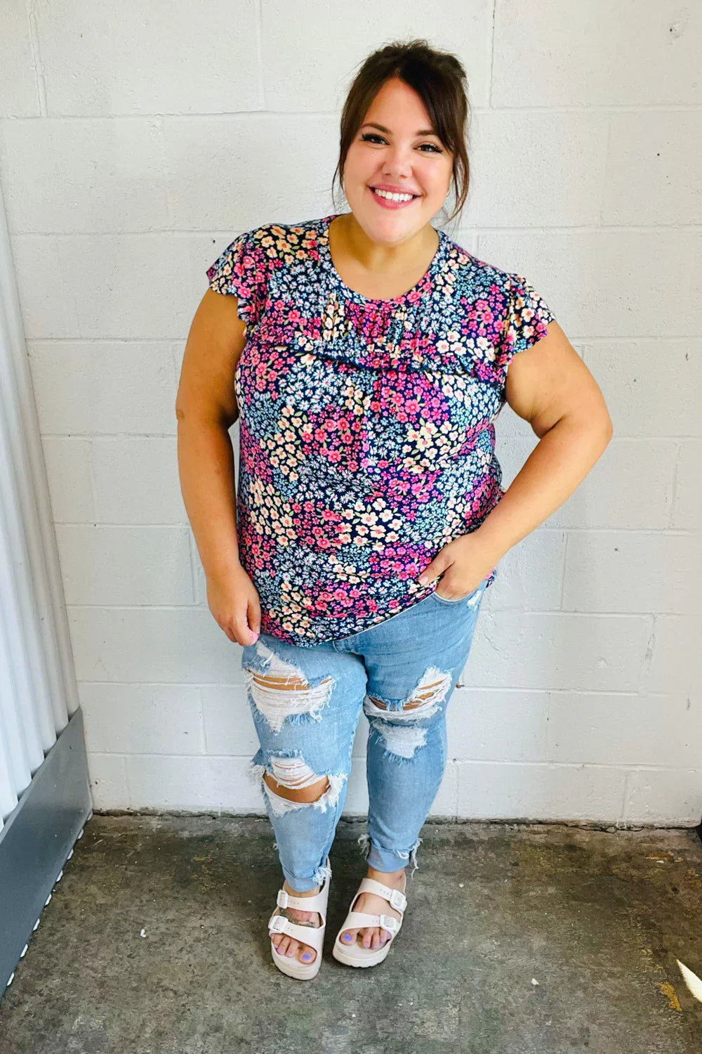 Navy Floral Print Frilled Short Sleeve Yoke Top | Daverri Fashions