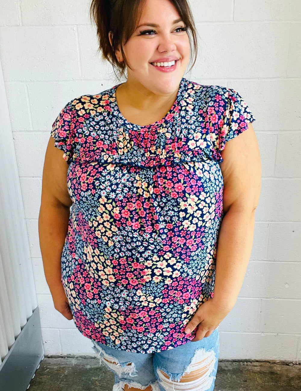 Navy Floral Print Frilled Short Sleeve Yoke Top | Daverri Fashions