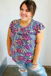 Navy Floral Print Frilled Short Sleeve Yoke Top | Daverri Fashions