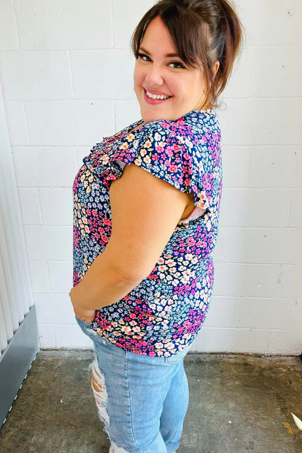 Navy Floral Print Frilled Short Sleeve Yoke Top | Daverri Fashions