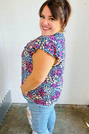 Navy Floral Print Frilled Short Sleeve Yoke Top | Daverri Fashions