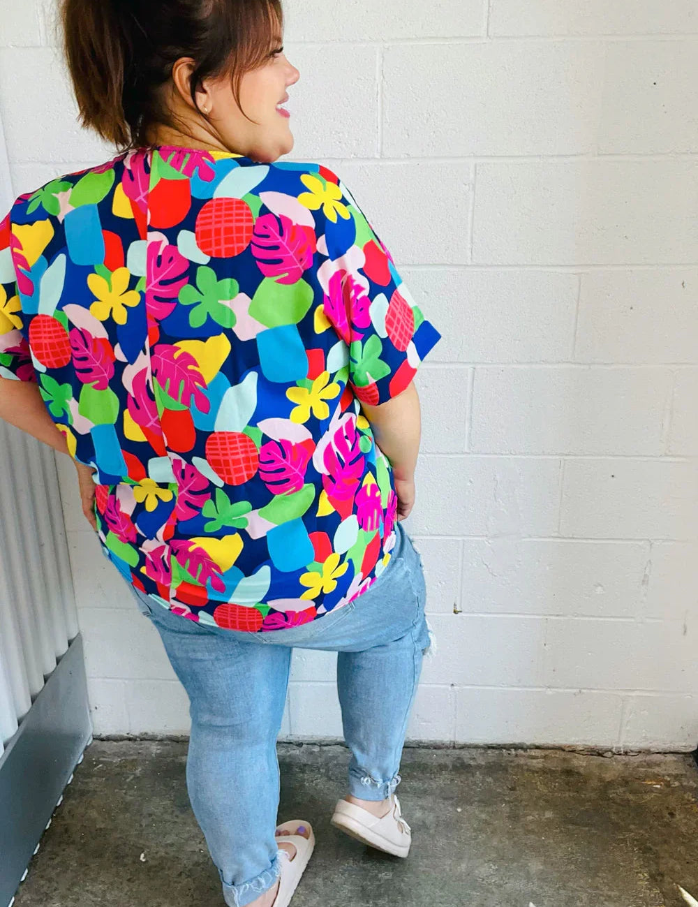 Time For Sun Navy Multicolor Tropical Print V Neck Top | 07-01-25 Summer Sale Daverri Fashions