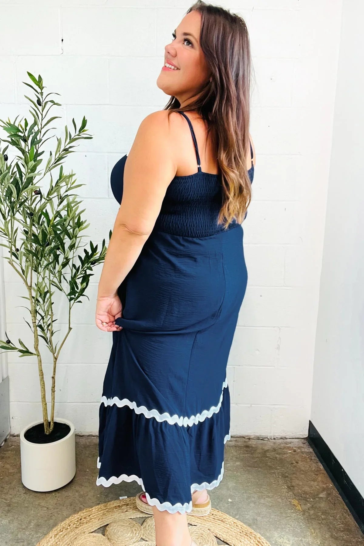 Bold & Sassy Navy Square Neck Ric Rac Trim Adjustable Straps Maxi | Daverri Fashions